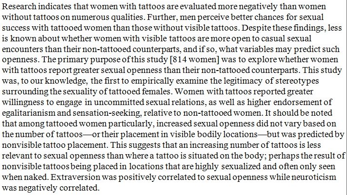  Mulheres com tatuagens relatam maior disposição para ter relações sexuais sem compromisso. https://rd.springer.com/article/10.1007/s12119-020-09729-1