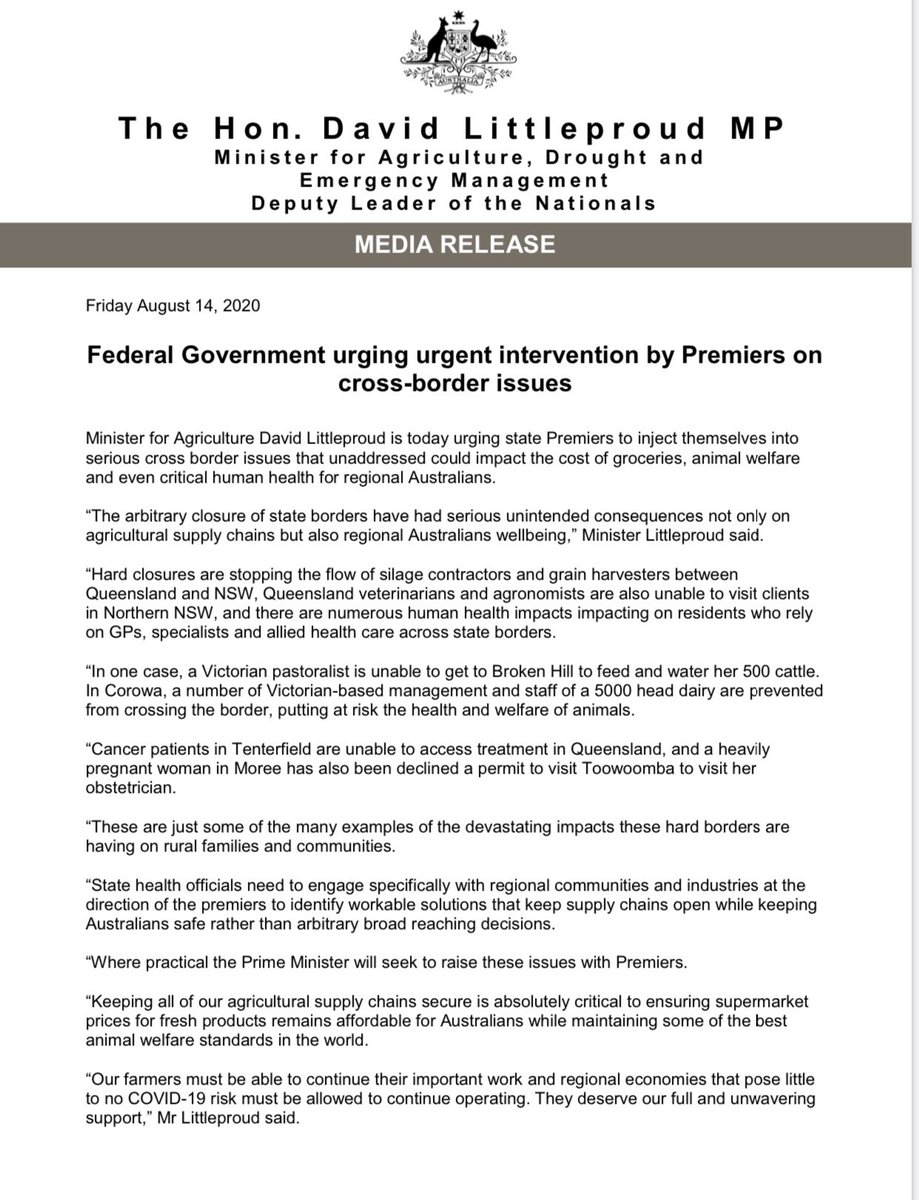 Regional families and communities are hurting under the severe impacts of arbitrary hard border closures. We are urging Premiers to intervene #auspol