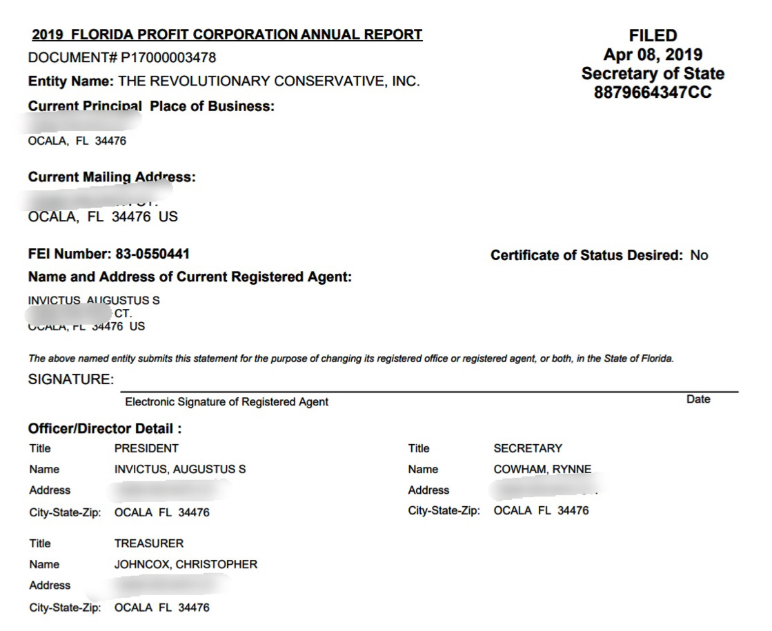 Rynne Cowham is listed as secretary of the board of directors for Augustus Invictus' website The Revolutionary Conservative.The company is registered with the Florida Secretary of State.TRC annual report: http://search.sunbiz.org/Inquiry/CorporationSearch/SearchResultDetail?inquirytype=EntityName&directionType=Initial&searchNameOrder=REVOLUTIONARYCONSERVATIVE%20P170000034780&aggregateId=domp-p17000003478-80df83b6-4b0e-420b-9cc7-7ea1d034004e&searchTerm=the%20revolutionary%20conservative&listNameOrder=REVOLUTIONARYCONSERVATIVE%20P170000034780