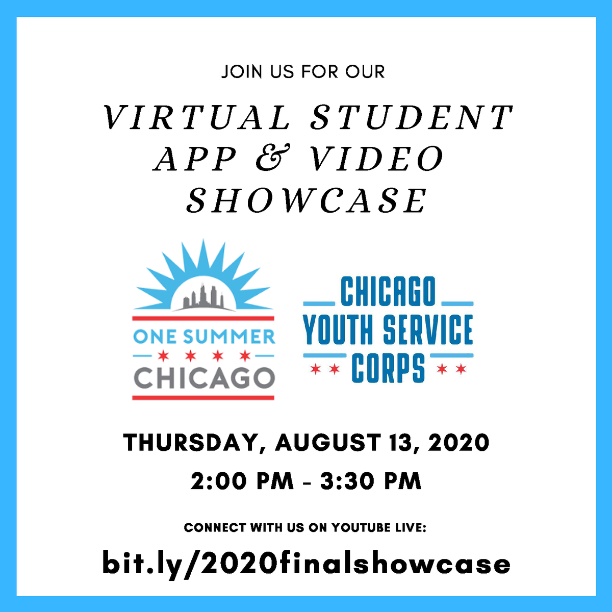 chiyouthworks's tweet photo. Congratulations One Summer Chicago Student App/Video Showcase participants!! Thank you for sharing your innovative solutions and powerful videos for our communities!! https://t.co/SpiABWl3go