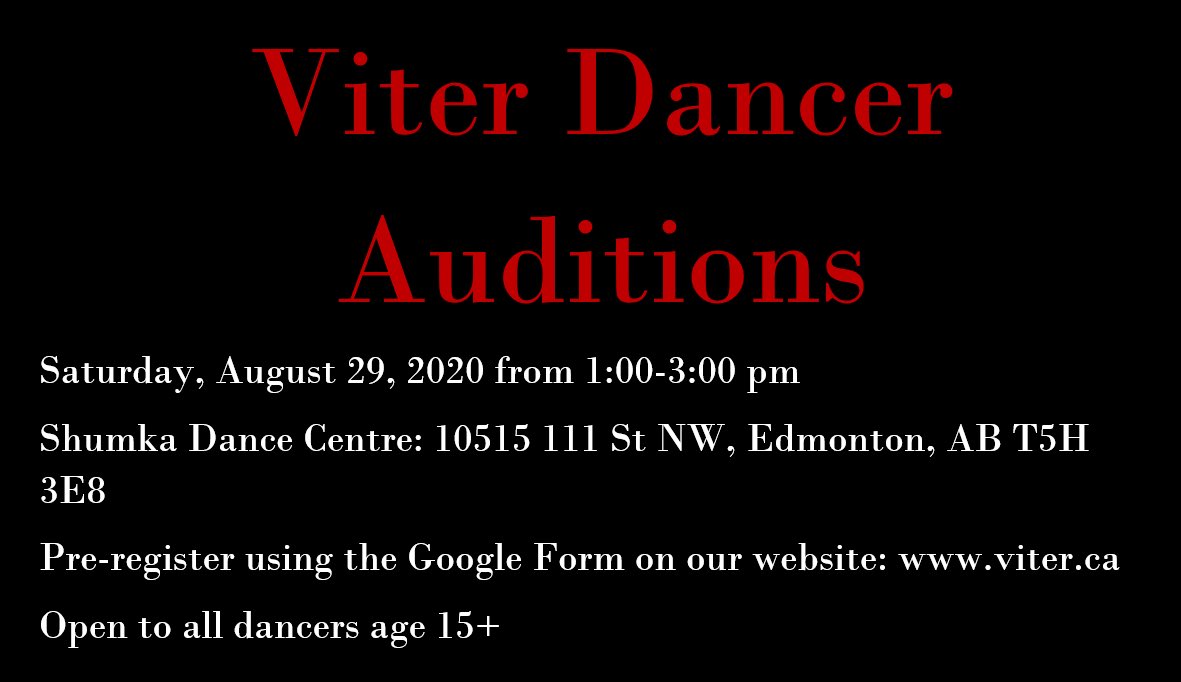 viter_canada's tweet photo. DANCERS! We are holding auditions on Saturday, August 29,2020. Register for auditions using our Google Form at https://t.co/1CYgoZnqft. Anyone is welcome age 15+! #yegarts #viter #25yearsofViter #dancerauditions https://t.co/UQSKKA10Oj