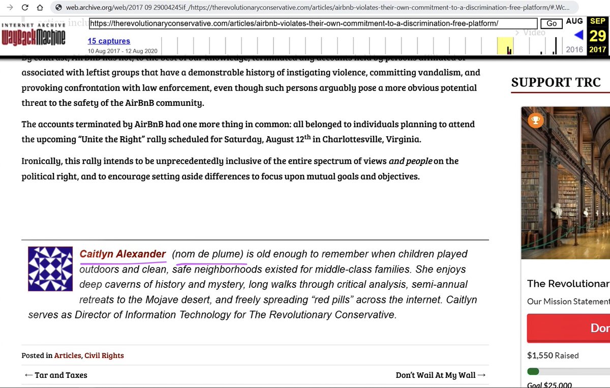 Here's a version of the same article, archived on Sept. 29, 2017.Note the author bio:"Caitlyn Alexander (nom de plume) . . . serves as Director of Information Technology for The Revolutionary Conservative."Archived here: http://web.archive.org/web/20170929004245if_/https://therevolutionaryconservative.com/articles/airbnb-violates-their-own-commitment-to-a-discrimination-free-platform/#.Wc2Xrij7REY