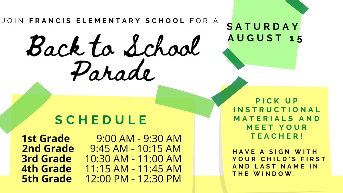 Francis Elementary (@francises_aisd) on Twitter photo Join Francis Elementary School for our 'Back to School' parade on Saturday, August 15. Our faculty and staff cannot wait to pass out instructional materials and say hello to Francis families! @WynneLaToya #WeAreAldine #AldineAnywhere Join Francis Elementary School for our 'Back to School' parade on Saturday, August 15. Our faculty and staff cannot wait to pass out instructional materials and say hello to Francis families! @WynneLaToya #WeAreAldine #AldineAnywhere