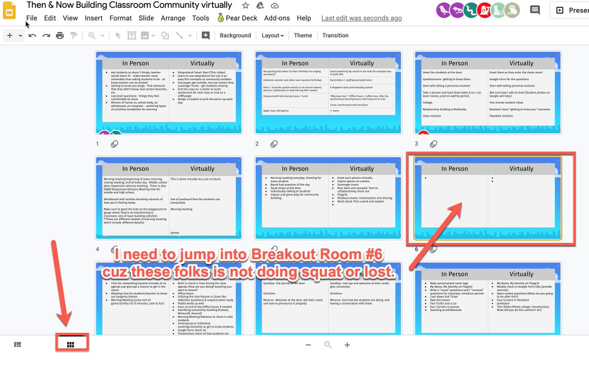 My favorite Zoom Breakout room hack is to drop a Google Slide link in @zoom_us/Meet then put it in Slide Sorter view to see who's on task & who isn't (or lost), so you can jump in to help. Until Zoom let's you do this easier..I'm gonna do this. #WeAreCUE @cueinc #MTBoS