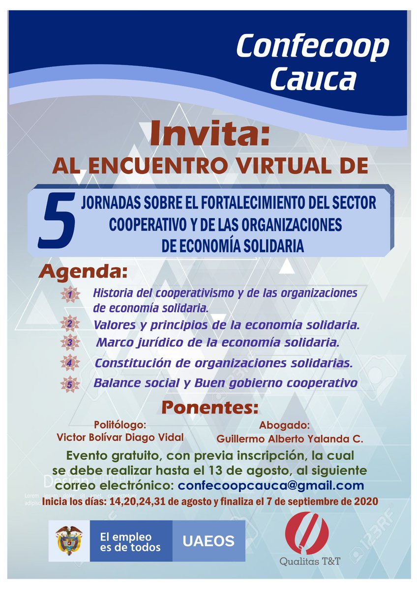 UsolidariaCo's tweet photo. Participa en las 5 jornadas para el fortalecimiento del sector cooperativo y de las organizaciones de #EconomíaSolidaria los días: 1️⃣4️⃣, 2️⃣0️⃣, 2️⃣4️⃣, 3️⃣1️⃣  de agosto y el 7️⃣ de septiembre. 

Inscríbete: confecoopcauca@gmail.com 

Organiza #ConfecoopCauca y apoya @OrgSolidarias https://t.co/rHK8gm3WzI