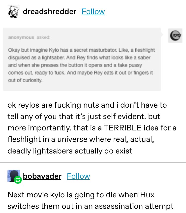 captainsalmonid's tweet photo. NSFW TEXT // 

Please for the love of god tell me I’m not the only person who remembers the Kylo Ren Lightsaber Pocket Pussy Post https://t.co/6EBBkmCflK