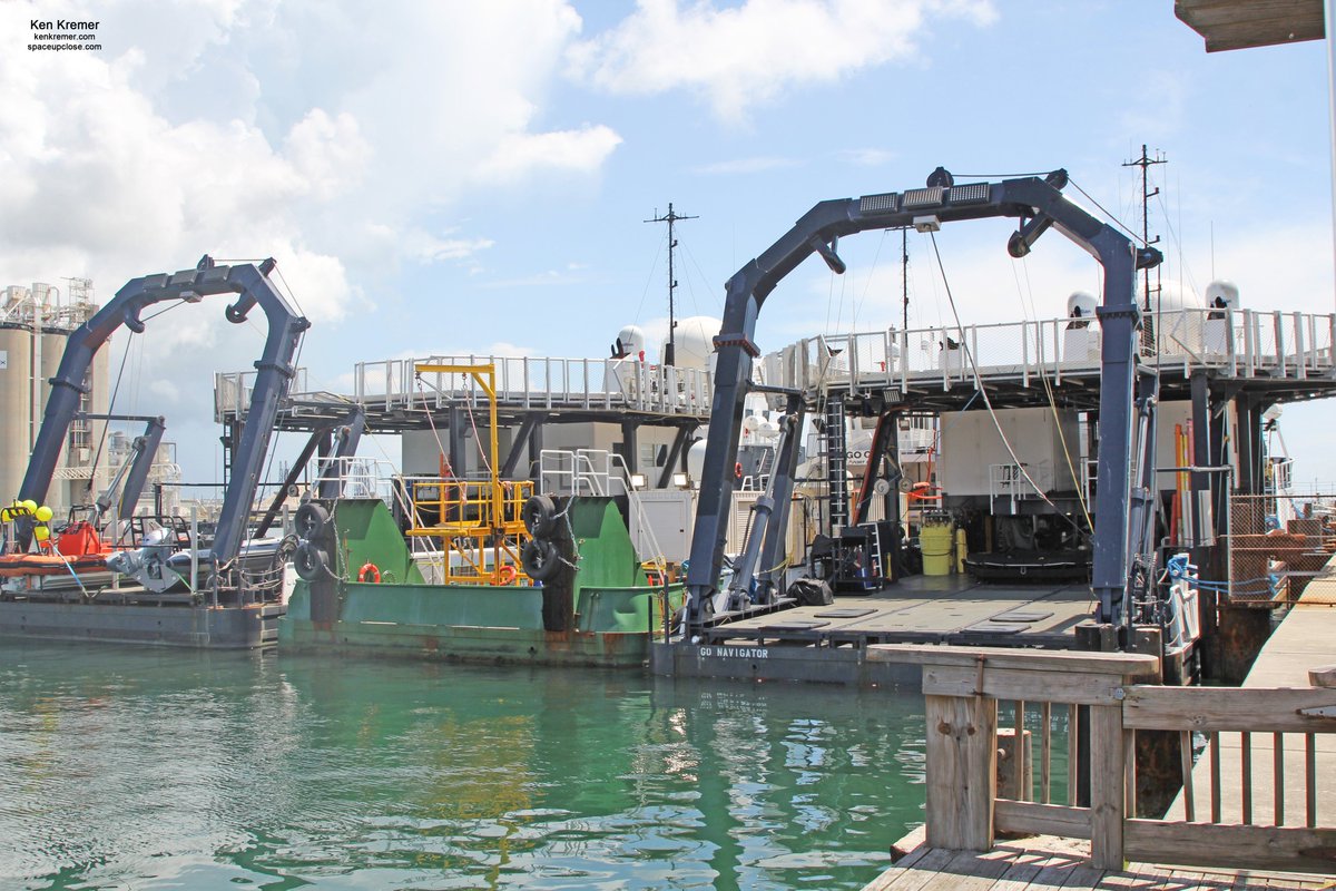 ken_kremer's tweet photo. UpClose view #GoNavigator recov ship:hoisted historic #SpaceX #CrewDragon Endeavour after GulfofMexico splashdown Demo2 Aug2.See railtrack/cushioned sled/hydraulic lift dock @PortCanaveral.Brought s/c 2SpaceCoast Aug7.Wide view w/sis GoSearcher +fastboats. My pics empty/full deck https://t.co/ZE5NitjCgn