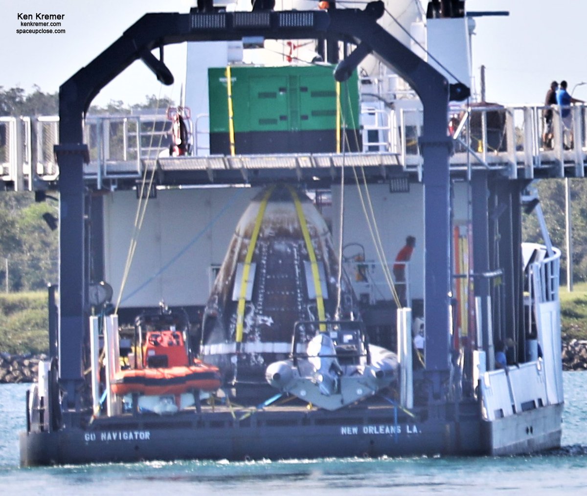 ken_kremer's tweet photo. UpClose view #GoNavigator recov ship:hoisted historic #SpaceX #CrewDragon Endeavour after GulfofMexico splashdown Demo2 Aug2.See railtrack/cushioned sled/hydraulic lift dock @PortCanaveral.Brought s/c 2SpaceCoast Aug7.Wide view w/sis GoSearcher +fastboats. My pics empty/full deck https://t.co/ZE5NitjCgn