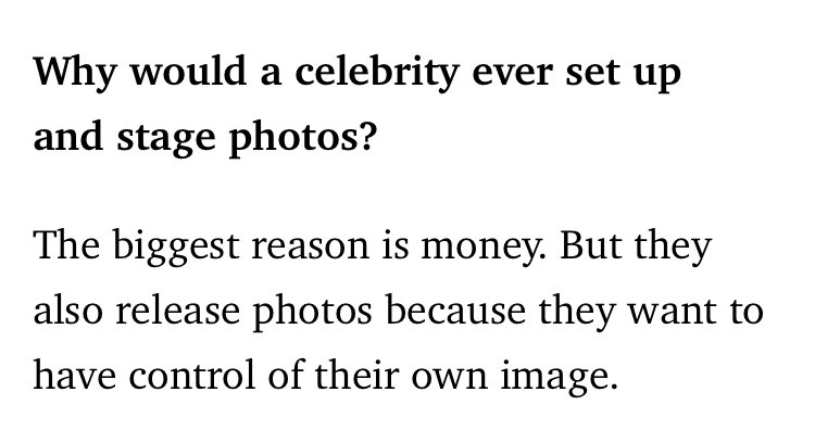 reality of paparazzi [ thread ]•9/10 times a celeb is paped it’s not random, they are paid paps •paps only capture what the celeb’s team wants the public to see •not allowed in private places like hotels, properties,parties etc so it’s obvious they have been granted access