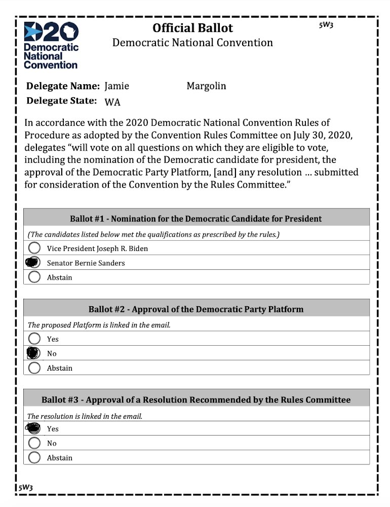 I just submitted my ballot for the #DNCConvention! I'm a Delegate for my state of WA. I'm proud to have cast my vote for @BernieSanders! I voted NO on the @DNC platform because it doesn't include #MedicareForAll, as well as other issues. #DrawTheLine #DemocraticConvention #DNC