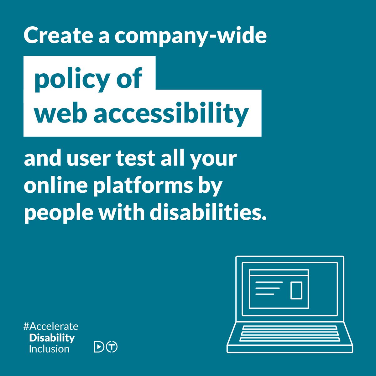 AccelerateADA's tweet photo. Tip number 3 for creating a better workplace for everybody: create a company-wide policy of web accessibility! Access goes beyond simple physical barriers. Do you know if your company website can be viewed with a screenreader? #AccelerateDisabilityInclusion https://t.co/hi5zTUeUom