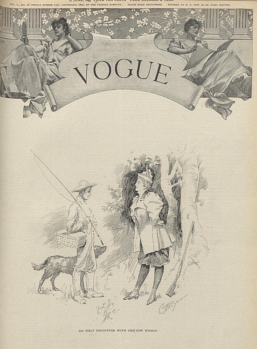 By 1895, jokes featuring captioned dialogue had been largely phased out. But Vogue continued to print comic images on its cover from time-to-time (alongside more straightforward fashion & picturesque prints), including this satirical encounter with a New Woman!(1895)