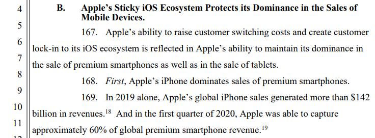 They're kind of losing me here... They're saying the product is too good, so everyone wants it, so they *can't* switch to a new phone and therefore escape the anti-competitive behavior. IDK about this one...