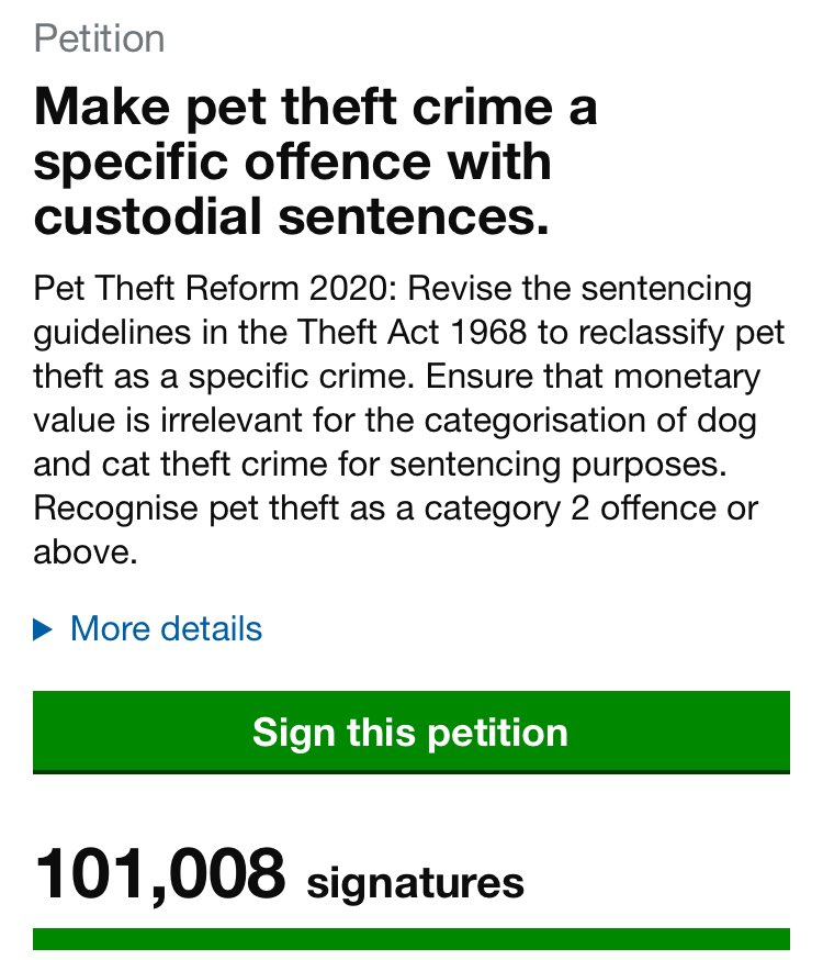 Dr_Dan_1's tweet photo. You did it! We passed 100,000 signatures for #PetTheftReform!!! THANK YOU. Without your ongoing support this would not be on the political agenda. @RobertBuckland is wrong - stolen pets are not inanimate objects &amp; small fines for pet theft crime is not “satisfactory”. RT if agree https://t.co/K0EK11Swoc