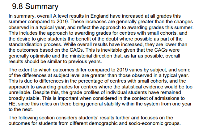 As I said earlier, p126 of ofqual makes clear that places with smaller cohorts/more esoteric subjects were impossible to standardise and therefore less subject to the vagaries of the algorithm. More likely to be awarded their teacher assessment grades.