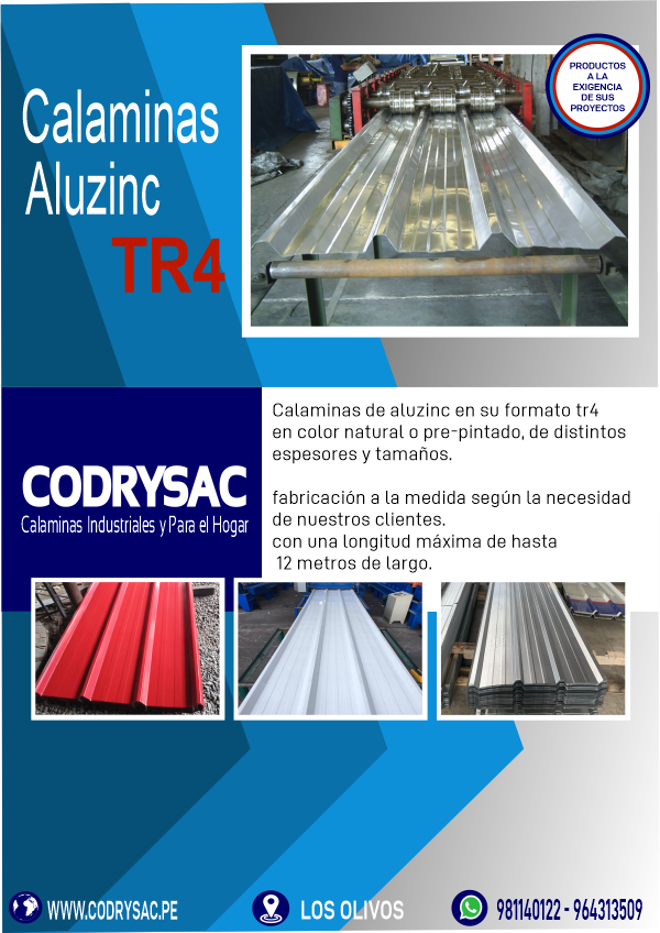 codrysac's tweet image. calaminas de aluzinc, en su formato tr4 , tenemos diferentes espesores y colores, en natural o pre-pintado. 
los precios son por metro cuadrados. 
consultanos a través de nuestros números telefónicos: 981140122 - 964313509
