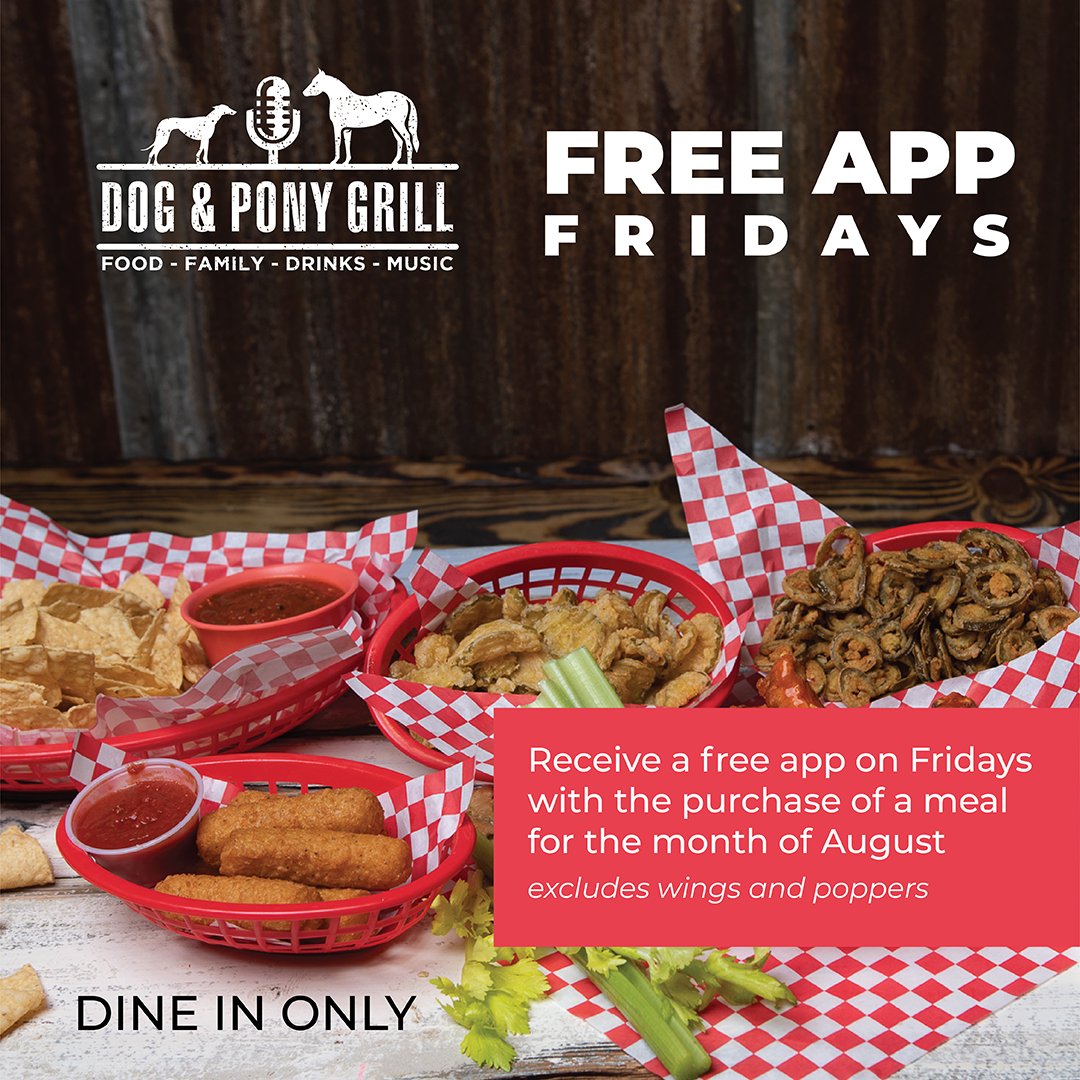dogandponygrill's tweet photo. #FreeAppFridays are here! This month when you order a meal on a Fridays, you'll be able to get an #appetizer #free! This deal is limited to one appetizer per group and for dine-in customers only. #SupportLocal #BoerneStrong https://t.co/oAwDveXaeO