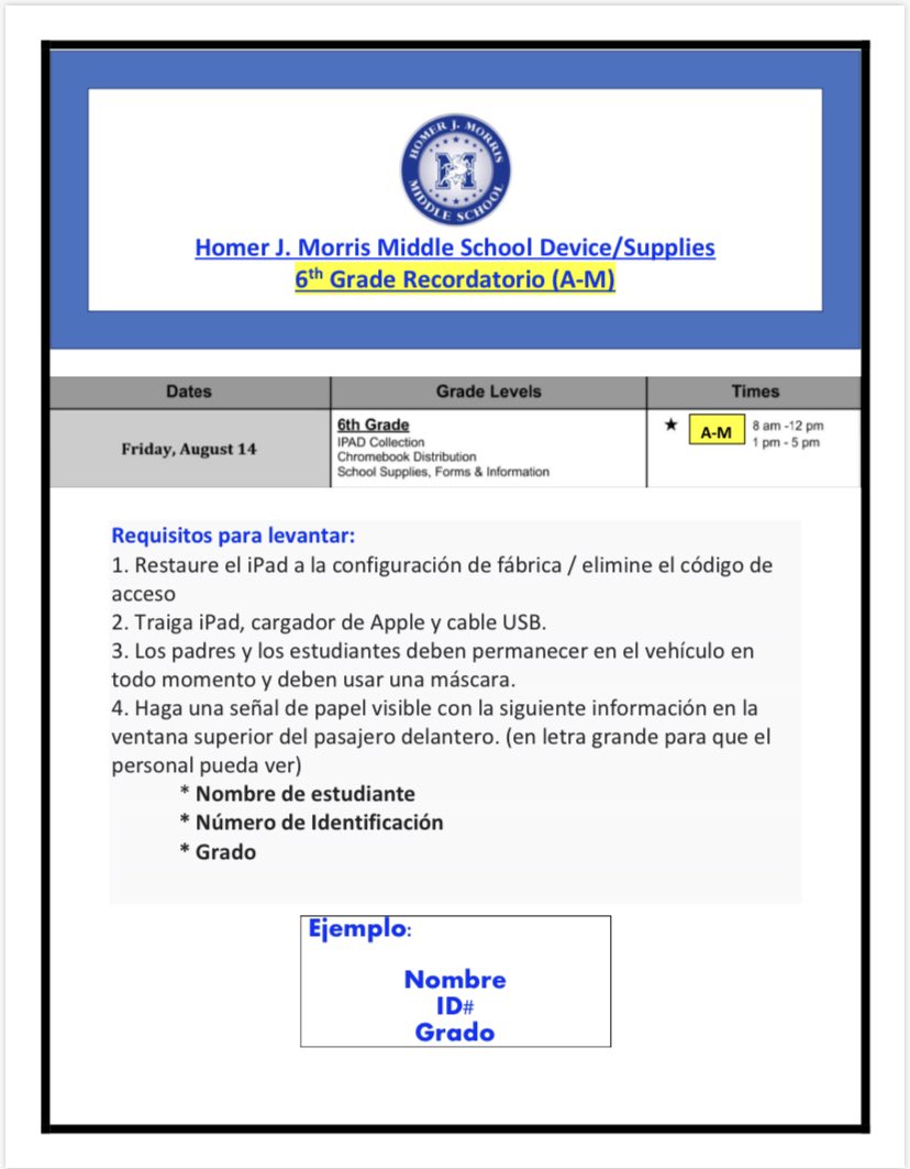 stallions045's tweet photo. A friendly reminder that Morris MS will have their first Device/Supplies curbside pick up tomorrow for 6th grade students letters A-M from 8am- 5pm! Donโt forget to bring your IPad and refer to the email sent today for more information!๐๐
#MorrisPride
#DistrictOfChampions https://t.co/mdPkpgDfMJ