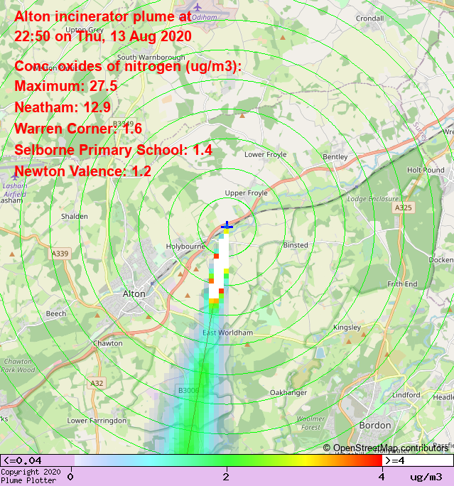 plumeplotter's tweet photo. Latest Alton incinerator plume plot, 22:50 13/08/20 #Neatham #WarrenCorner #NewtonValence https://t.co/QIW2IzlyUE https://t.co/KCwdlcJObb