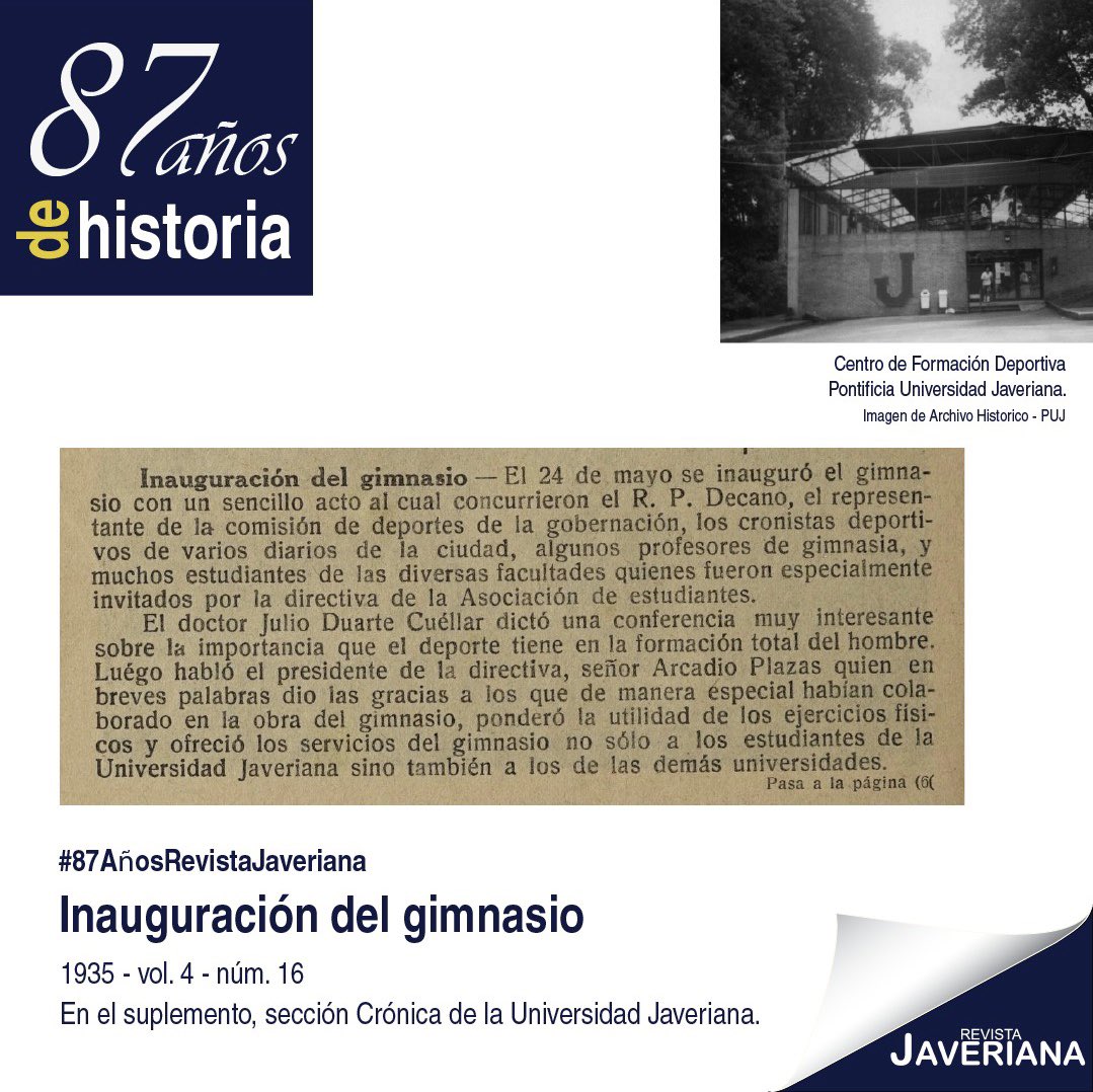 RevJaveriana's tweet photo. Hoy jueves de #TBT recordamos este fragmento publicado en 1935, en el suplemento sección Crónica de la @UniJaveriana donde se hablaba sobre el evento de inauguración del Centro Javeriano de Formación Deportiva. 🏋️‍♀️ #87AñosDeHistoriaRevistaJaveriana 
@historicopuj https://t.co/84GcIeayOY