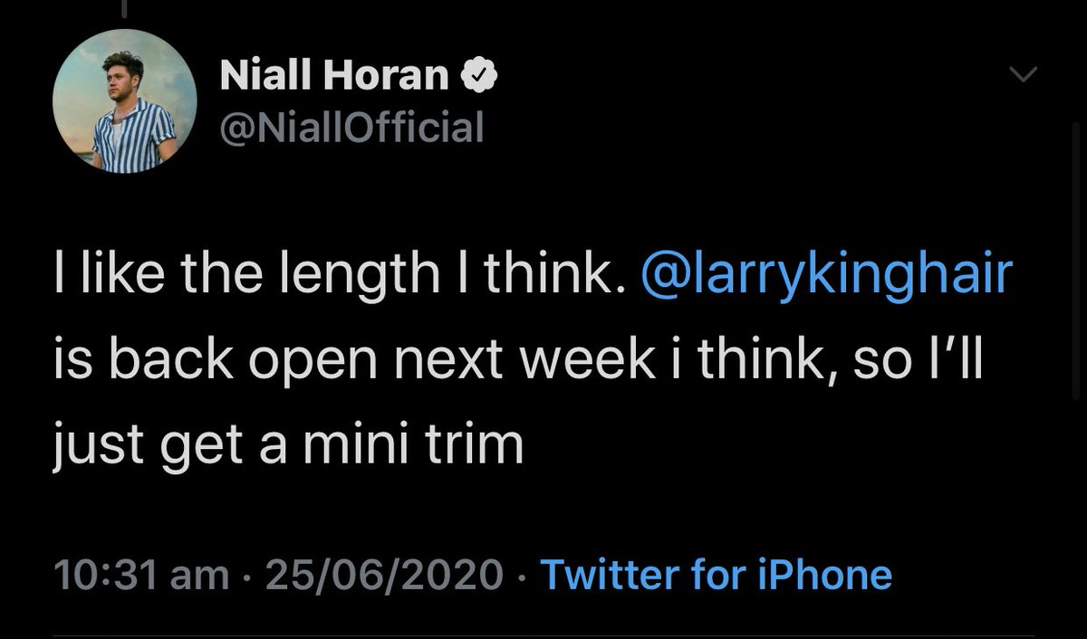 Only adding this one because he tagged that Larry account when trying to tag a different one  https://twitter.com/niallofficial/status/1276161130625486860?s=21