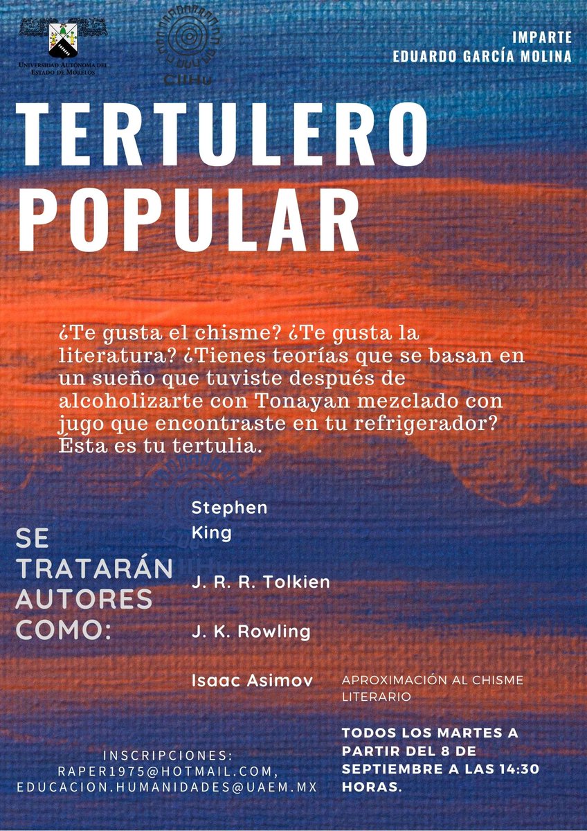 CIIHu_UAEM's tweet photo. Estimados Alumnos el Centro Interdisciplinario de Investigación en Humanidades les invita al Taller de TERTULERO POPULAR. https://t.co/gAKD3BmUvt