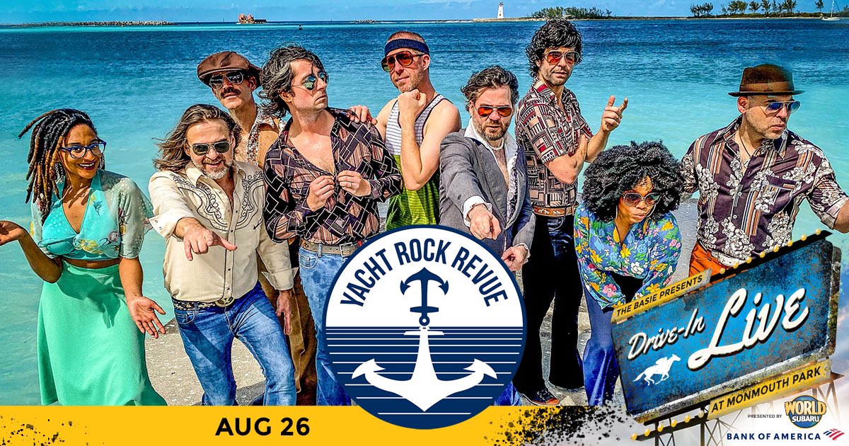 basiecenter's tweet photo. The suave sounds of @YachtRockRevue sail in to #DriveInLive at @MonmouthPark Aug 27! Get tickets at https://t.co/SaREBU9KyR https://t.co/xNRJIRqVNY