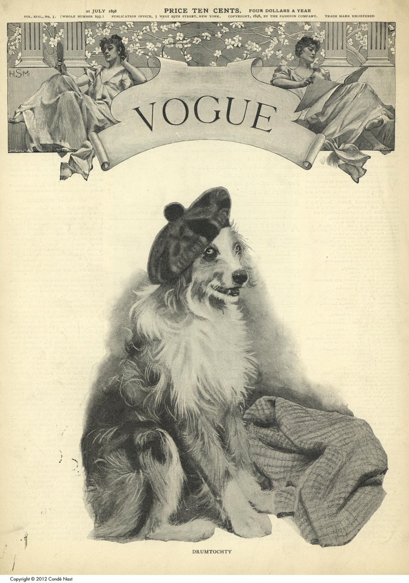 I'm not sure what to say about this, but here's a cover of Vogue magazine from 1898 featuring a dog in a tam o' shanter.¯\\_(ツ)_/¯