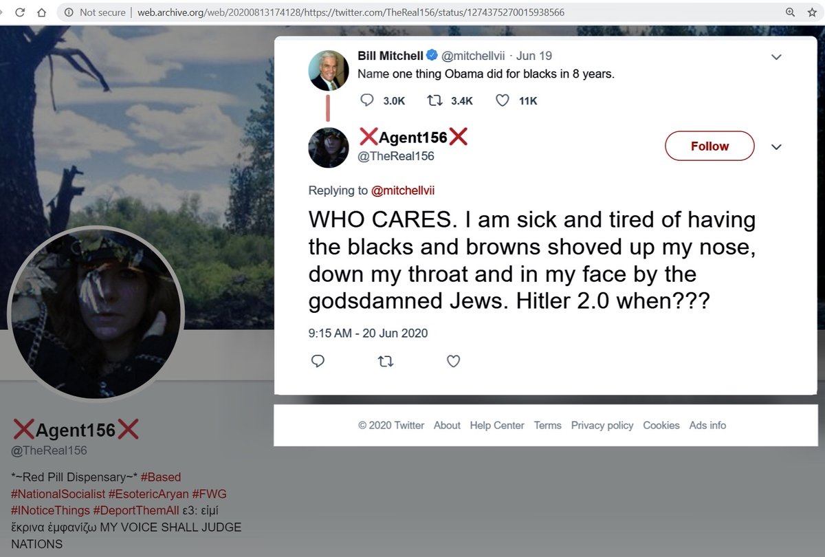 Rynne Cowham Twitter 3"I am sick and tired of having the blacks and browns shoved...down my throat and in my face by the godsd*mned Jews. Hitler 2.0 when???"She may be banned if enough people report her hateful tweets? https://twitter.com/TheReal156/status/1274375270015938566Saved: http://web.archive.org/web/20200813174128/https://twitter.com/TheReal156/status/1274375270015938566