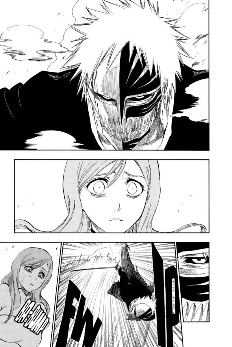 And so given what we know of Orihime, it’s easy to see that she’s dealing with powerful fear on two fronts during Ichigo’s battle with Grimmjow. On one hand, the man she loves is wielding a power reminiscent of that which possessed her own dead brother. Hence the PTSD.