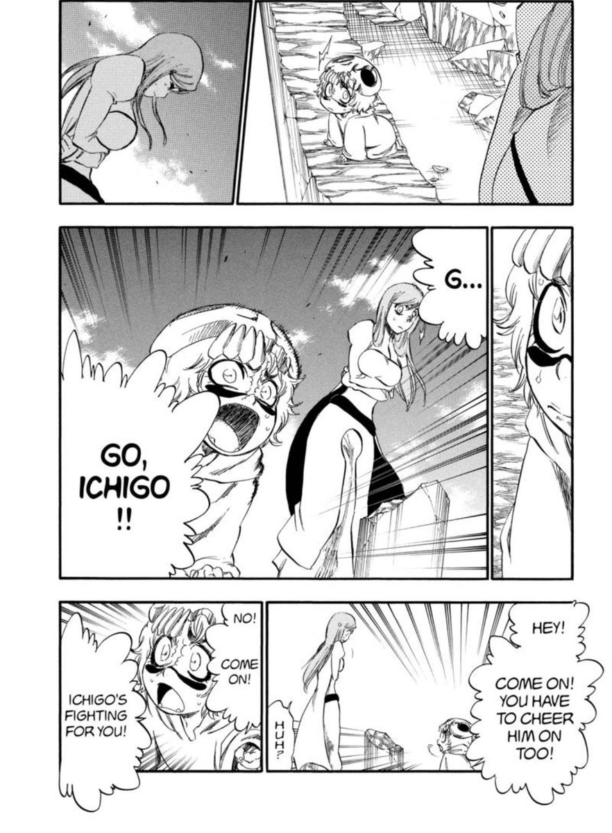 misinterpretations of this scene. I’ve seen many ridicule Orihime and think less of her for needing to be lectured by a child here. (Not even going to bother pointing out at length that being lectured by children is a Shōnen staple at this point.) But it’s precisely because of