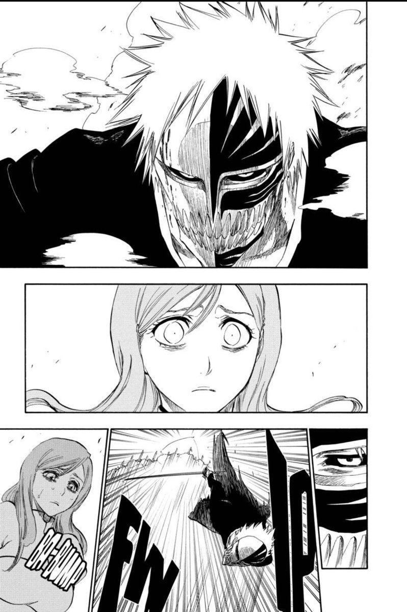 that he even begins to struggle in this fight. Not only from the wounds he sustains, but his spirit clearly wavers after seeing how his hollowfied state is effecting Orihime. This understandably disheartens him. And so it isn’t until Orihime begins to conquer her fear and speak