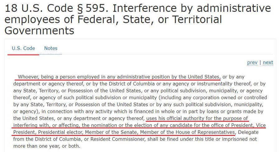 MontyBoa99's tweet photo. @JoyceWhiteVance The Executive Branch has no jurisdiction in federal elections. Of course sabotaging the US Postal Service is a felony. It's two, in this case.
18 USC § 595. Interference [in an election] 
18 USC § 1701. Obstruction of Mails
https://t.co/bcfKBaF5WB https://t.co/j8hod0ZVp5