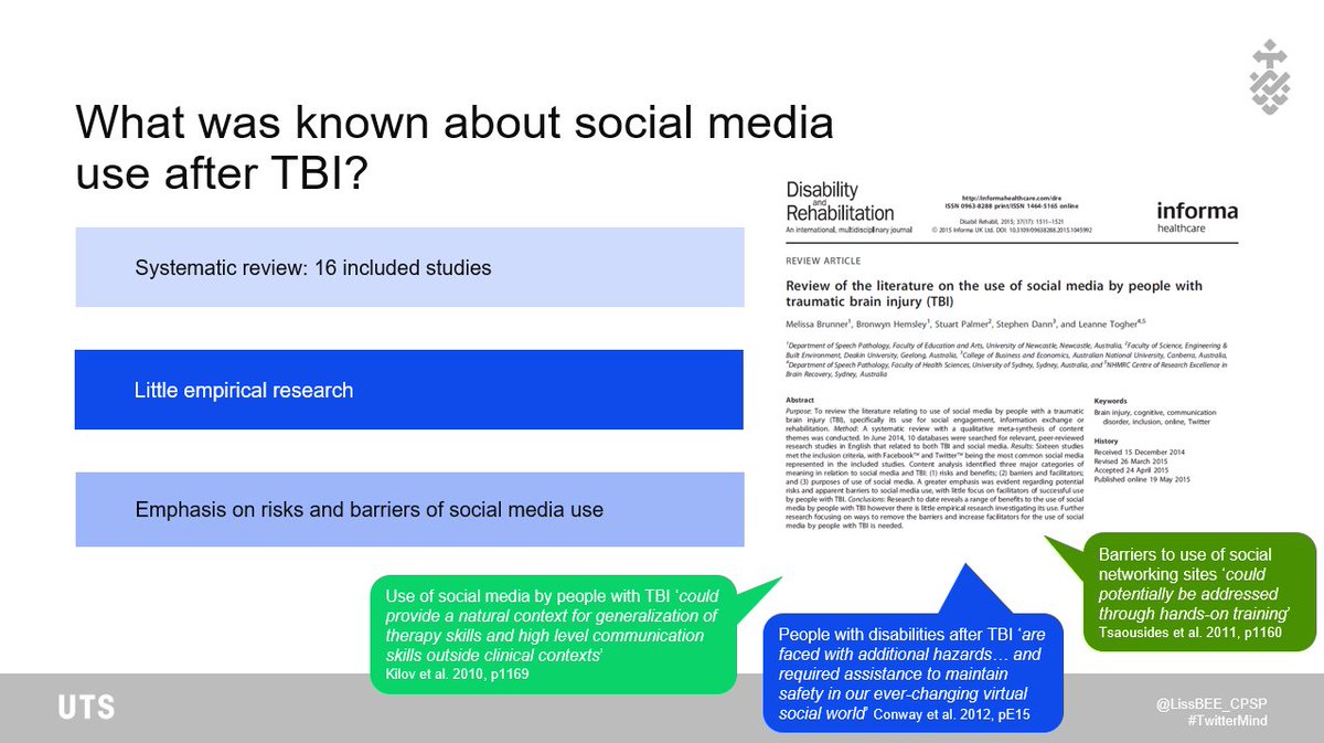 I started, like most PhD candidates, by systematically searching the literature. I found little social media research involving people with a  #TBI & most focused on risks & barriers with little knowledge about facilitators, experiences, or patterns of use  https://www.tandfonline.com/doi/full/10.3109/09638288.2015.1045992