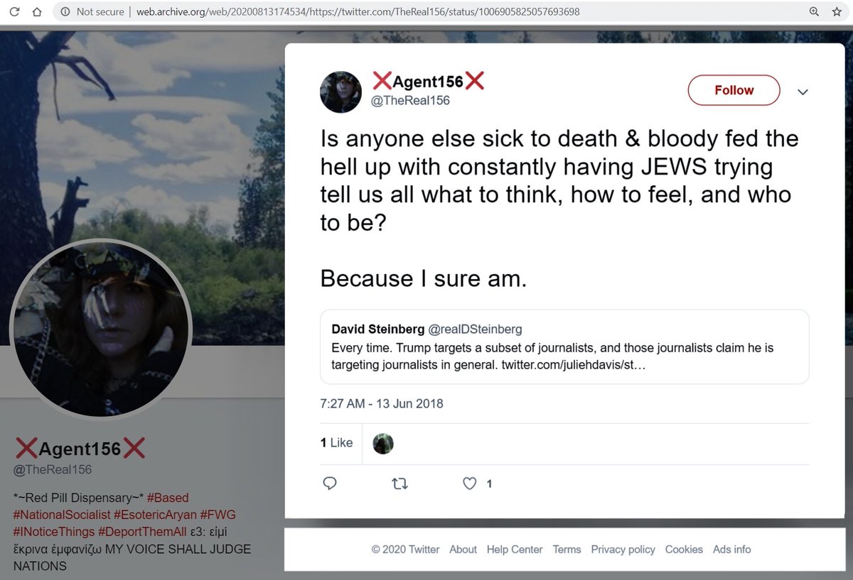 Rynne Cowham Twitter 4"Is anyone else sick to death & bloody fed the hell up with constantly having JEWS trying [to] tell us all what to think, how to feel, and who to be? Because I sure am."Report her antisemitic posts? https://twitter.com/TheReal156/status/1006905825057693698Saved: http://web.archive.org/web/20200813174534/https://twitter.com/TheReal156/status/1006905825057693698