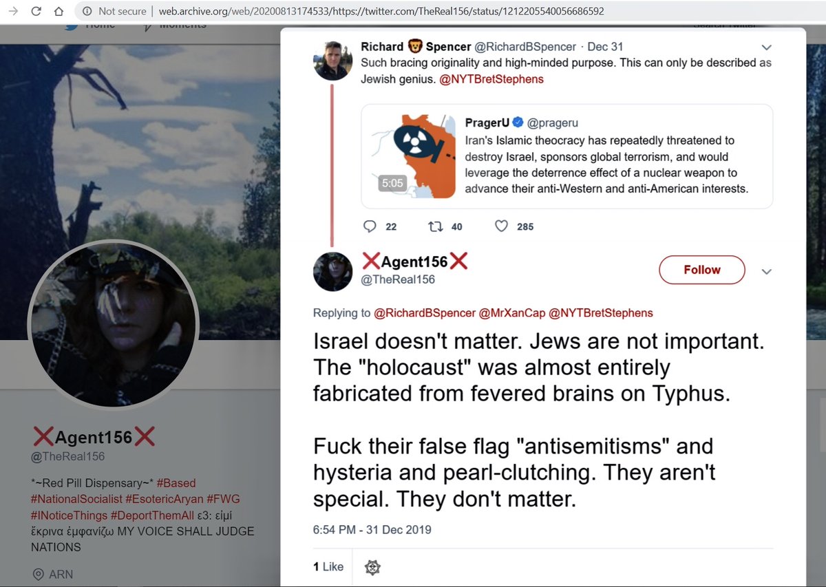 Rynne Cowham Twitter 5"Israel doesn't matter. Jews are not important. The "holocaust" was almost entirely fabricated from fevered brains. . . . They aren't special. They don't matter."Report her reply to Richard Spencer? https://twitter.com/TheReal156/status/1212205540056686592Saved: http://web.archive.org/web/20200813174533/https://twitter.com/TheReal156/status/1212205540056686592