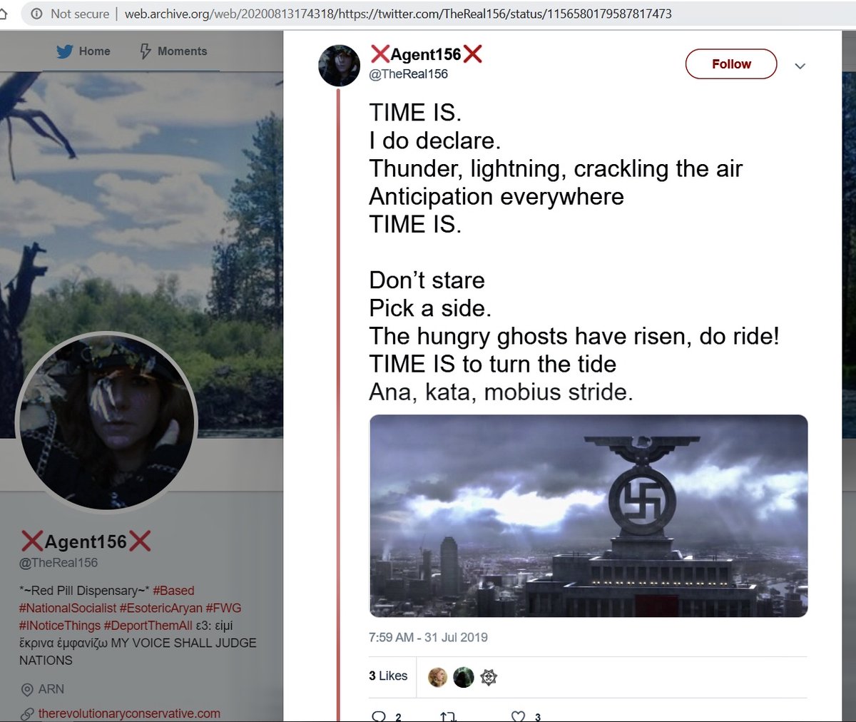 Rynne Cowham Twitter 7"Don’t stare. Pick a side. The hungry ghosts have risen, do ride! TIME IS to turn the tide."Report this anti-Semitic tweet with its picture of a Nazi swastika and her words that incite hate? https://twitter.com/TheReal156/status/1156580179587817473Saved: http://web.archive.org/web/20200813174318/https://twitter.com/TheReal156/status/1156580179587817473