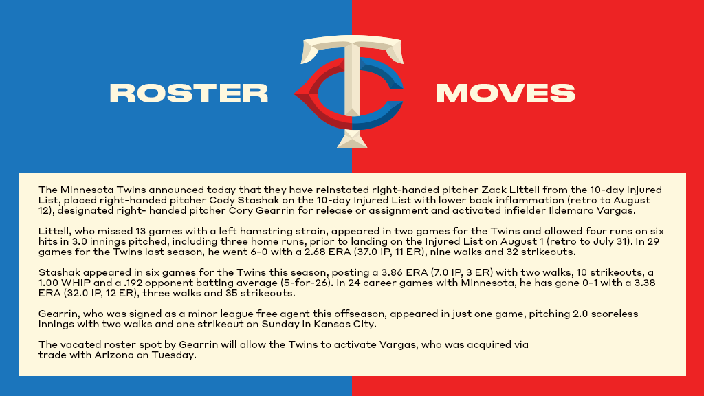 Twins's tweet photo. #MNTwins Roster Moves: Twins reinstate Littell and place Stashak on 10-day IL. Gearrin designated for release or assignment. https://t.co/0wcp28lKPN