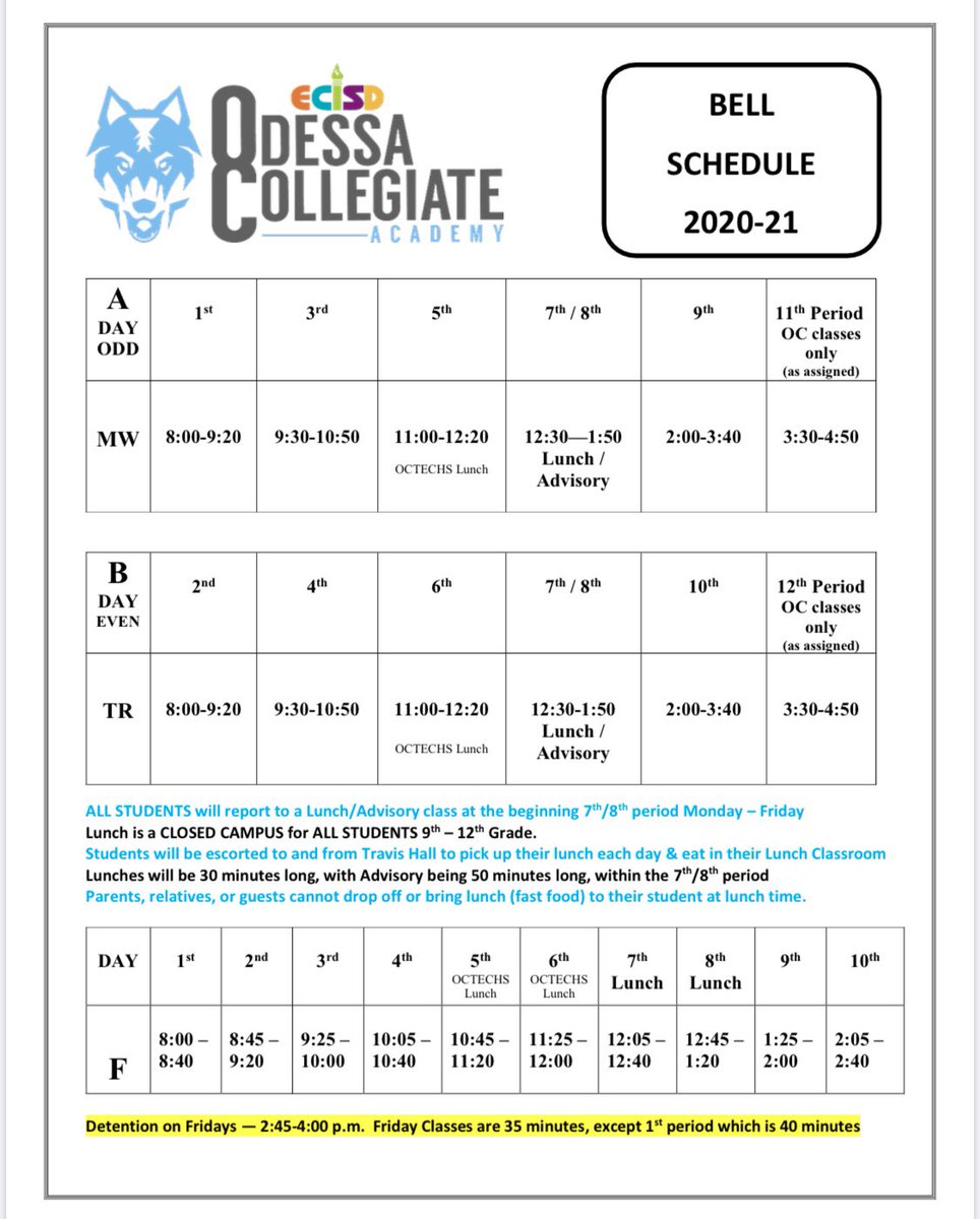 OCAwolves's tweet photo. It’s the 1st Friday of school!!!🎉Please don’t forget that we attend ALL 10 CLASSES! For our virtual students at home, make sure you are following the Fri schedule &amp; logging in on time to each class. Classes are only 35 min each &amp; we dismiss at 2:40pm. Go Wolves!🔵🐺💪🏼 https://t.co/QUdRqXgCRl