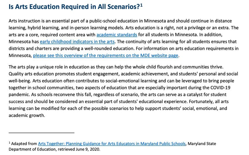 Here is today’s statement from the MN Department of Education regarding the 2020-2021 School Year and the importance that the arts play in educating the whole child. 

We are thankful to live in a state and work in a district that supports music and all the arts!