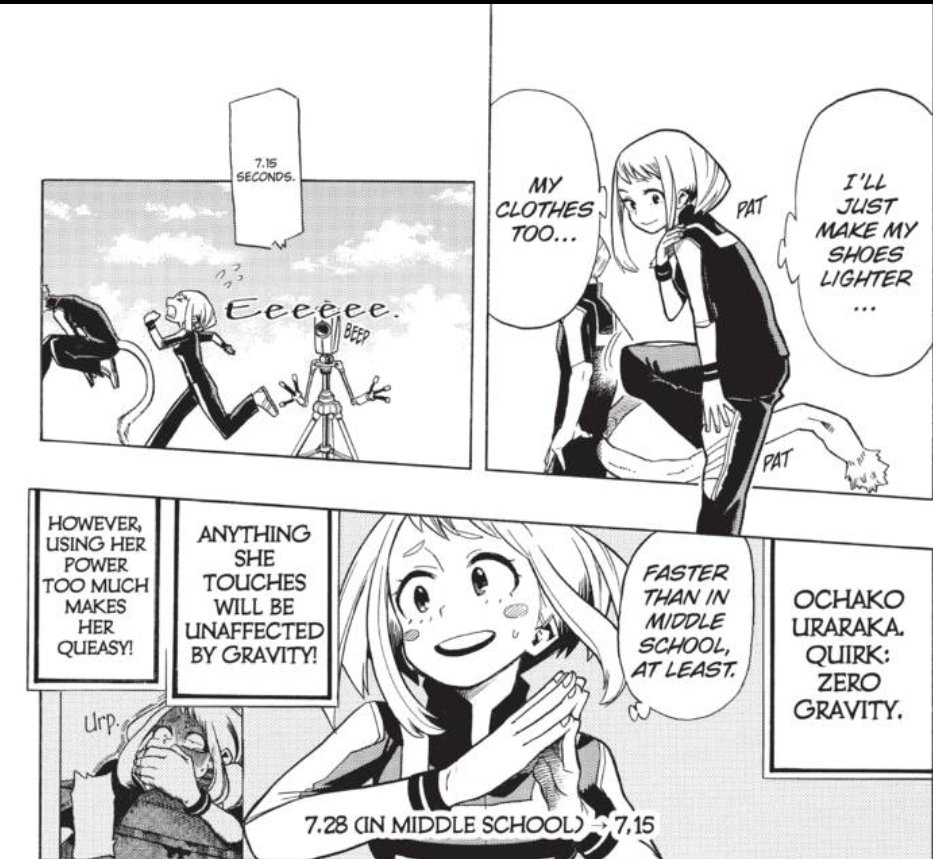 We get another peek at Ochako's creativity here, using her quirk lessen the potential drag from her clothes. The tacked on "at least" and her expression show relief but there's still the sign of sweat that keeps cropping up during this and last chapter lol