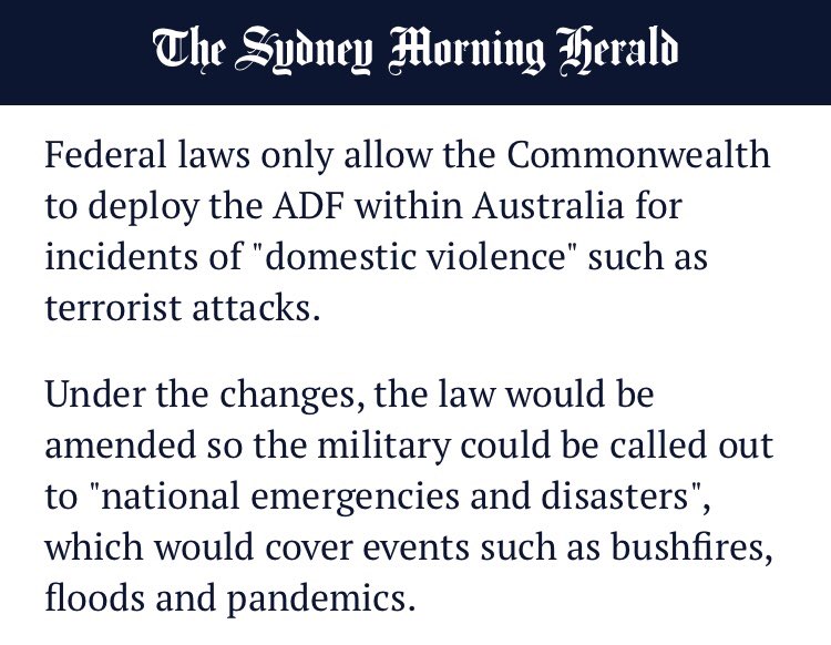 “emergency” is the semiotic segue from external threats (ADF’s actual job) to internal (domestic) “disaster” like floods, where Premiers and Chief Ministers can already request ADF support. So why the change? To militarise the response to anthropogenic (not “natural”) disasters.