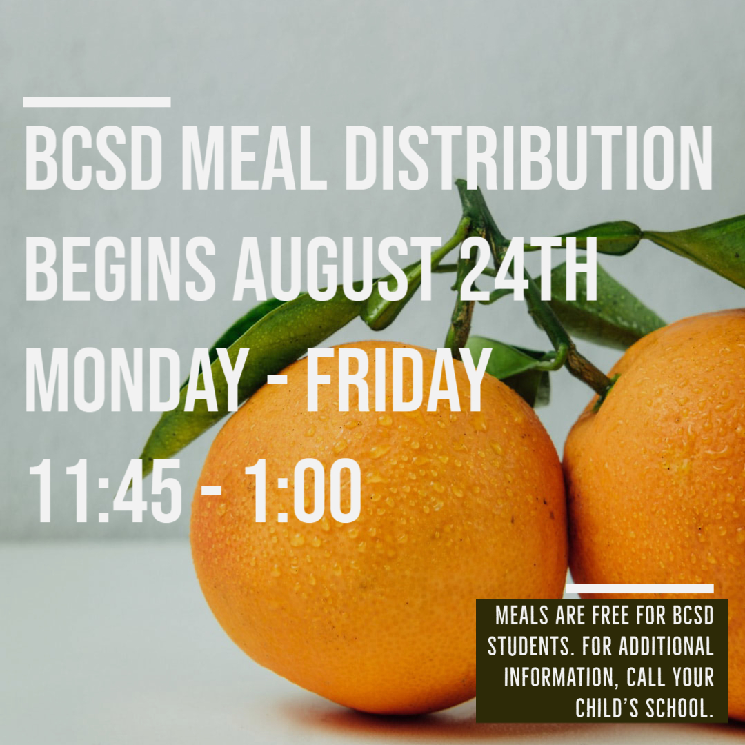 BCSD meal distribution will begin Monday, August 24th.  Students should pick-up meals at their school.  Rafer Johnson will not serve meals.  #TeamBCSD