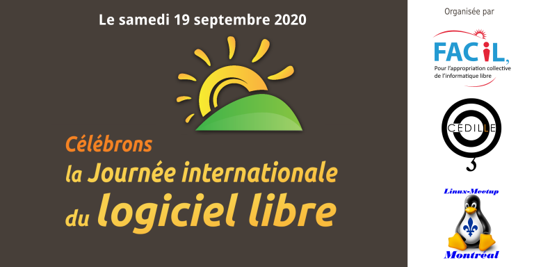 _FACiL's tweet photo. Samedi 19 septembre 2020, nous vous donnons rendez-vous pour la Journée internationale du logiciel libre.
Détails de l'événement à venir bientôt !
#SFD20 #JiLL2020 #LogicielsLibres
#NumQc #LibreQc #FACiLQc #ÉduQc #ViePrivée #Communs #MatérielLibre #CultureLibre #SavoirLibre https://t.co/d6dKkPRMnR