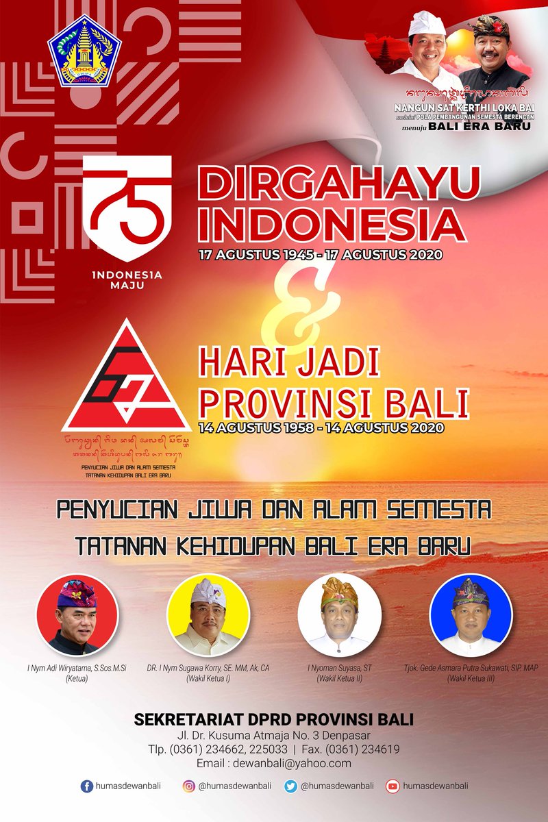 sharing_bali's tweet image. Selamat Hari Jadi Provinsi Bali yang ke-62, 14 Agustus 2020. Nangun Sat Kerthi Loka Bali
#DPRDBali
#PemprovBali