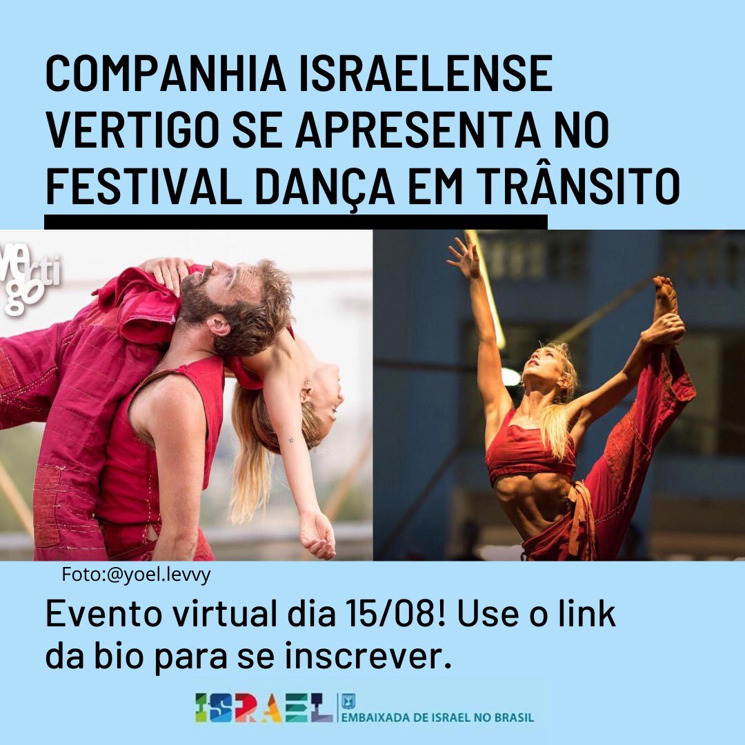 Com apoio da Embaixada de #Israel, a 18ª edição do festival Internacional de dança contemporânea
Dança em trânsito traz para o público brasileiro o grupo israelense @Vertigodance. Para assistir esse super show no dia 15/08 às 14h, inscreva-se no link: dancaemtransitoonline.com