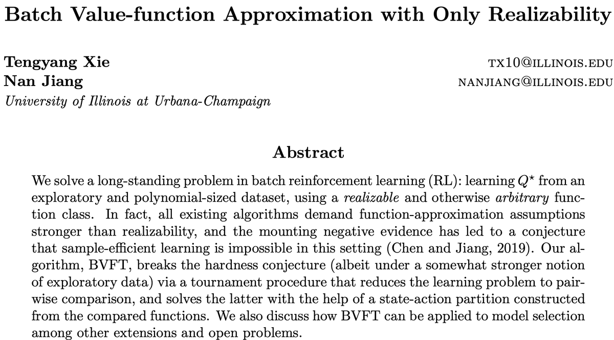 nanjiang_cs's tweet image. Learning Q* with
+ poly-sized exploratory data
+ an arbitrary Q-class that contains Q*
...has seemed impossible for yrs, or so I believed when I talked at @RLtheory 2mo ago.
And what's the saying? Impossible is NOTHING
arxiv.org/abs/2008.04990
Exciting new work w/@tengyangx! 1/