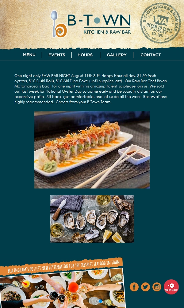 Raw Bar is Back for One Night ONLY August 19th Wednesday bit.ly/3iIQpu3