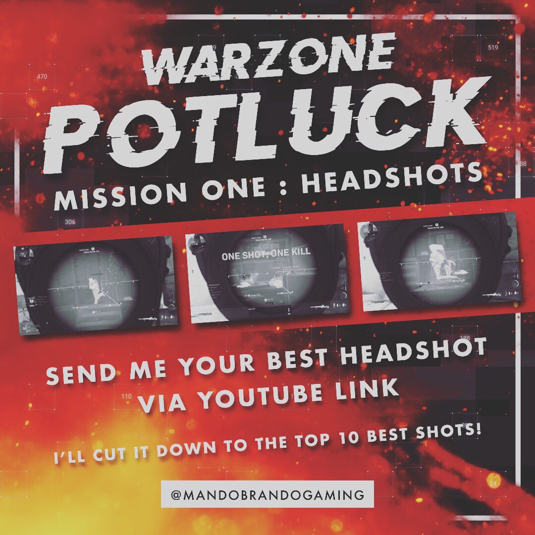 MandoBrando2435's tweet photo. Where my snipers at?! Send me links to your best headshot! It’s time for the first ever Warzone Potluck. I’ll edit it down to the top 10 headshot. You decide who’s got the best headshot! DM me a YouTube link to your video. Tag those snipers. #warzone #warzoneclips #warzonememes https://t.co/jkaudrJmcc