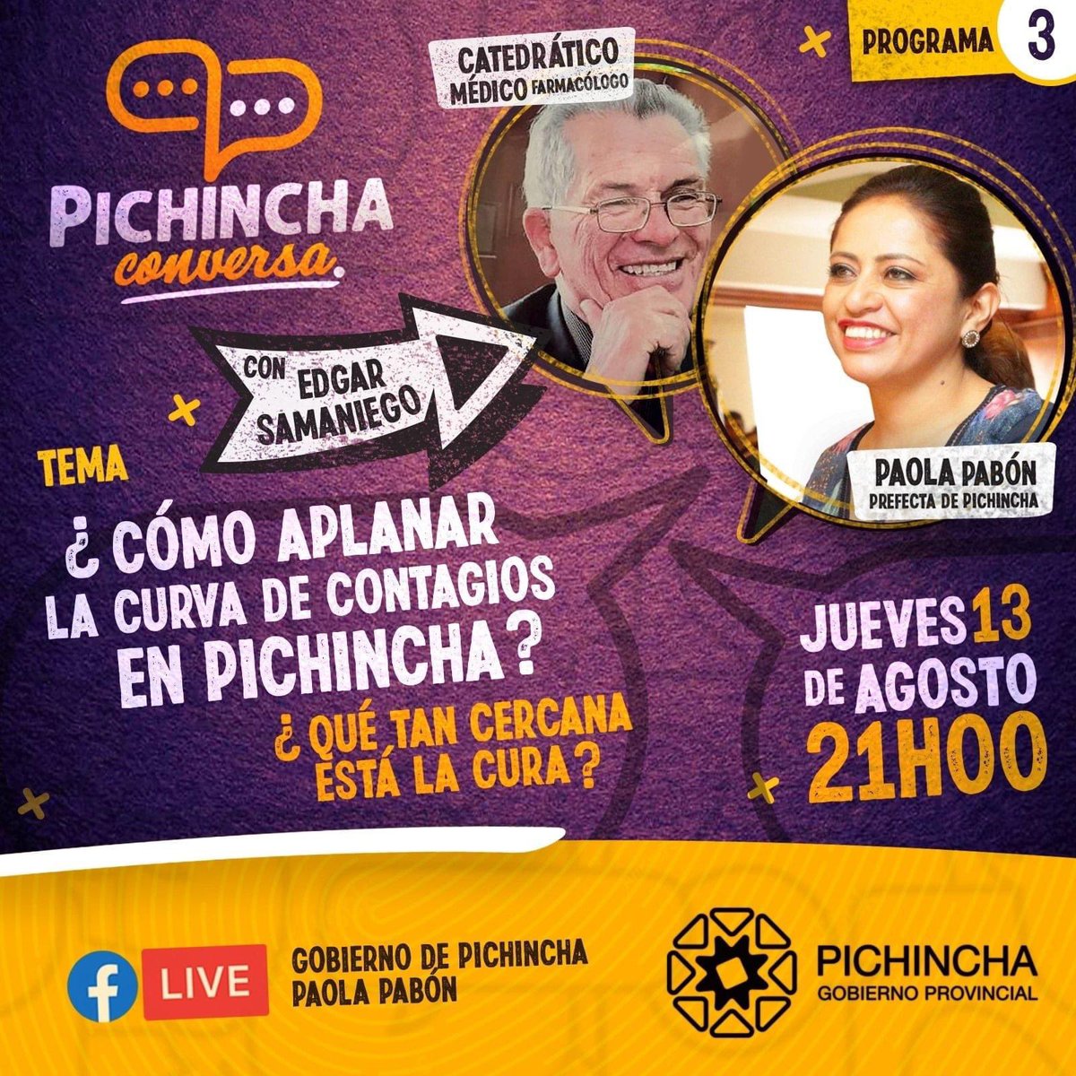 PichinchaGob's tweet photo. ¿Cómo aplanar la curva de contagios en Pichincha? ¿Qué tan cercana está la cura?
Estos y más temas serán abordados hoy por la prefecta @PaolaPabonC junto al catedrático, médico y farmacólogo, Edgar Samaniego, en el 3er programa #PichinchaConversa.
Síguelo a las 21h00 por Fb Live https://t.co/fu6e0eASzN
